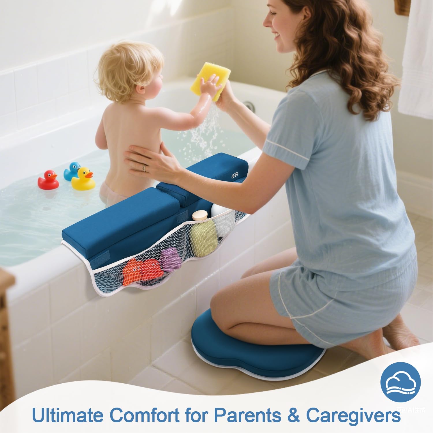 Roslim Bath Kneeler and Elbow Rest Pad Set - Non-Slip Knee& Arm Support Bathtub Mat with Organizer Pockets, Quick Drying, Foldable, Non-Slip Kneeling Pad for Parents, Blue