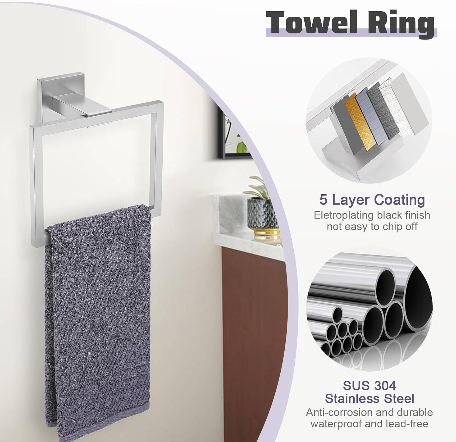 TNOMS Brushed Nickel Towel Bar Set,5-Piece Bathroom Hardware Set Includes Upgraded Double Base Paper Towel Holder Modern Square Towel Holder Set,Stainless Steel Wall Mount 23.6 Inch