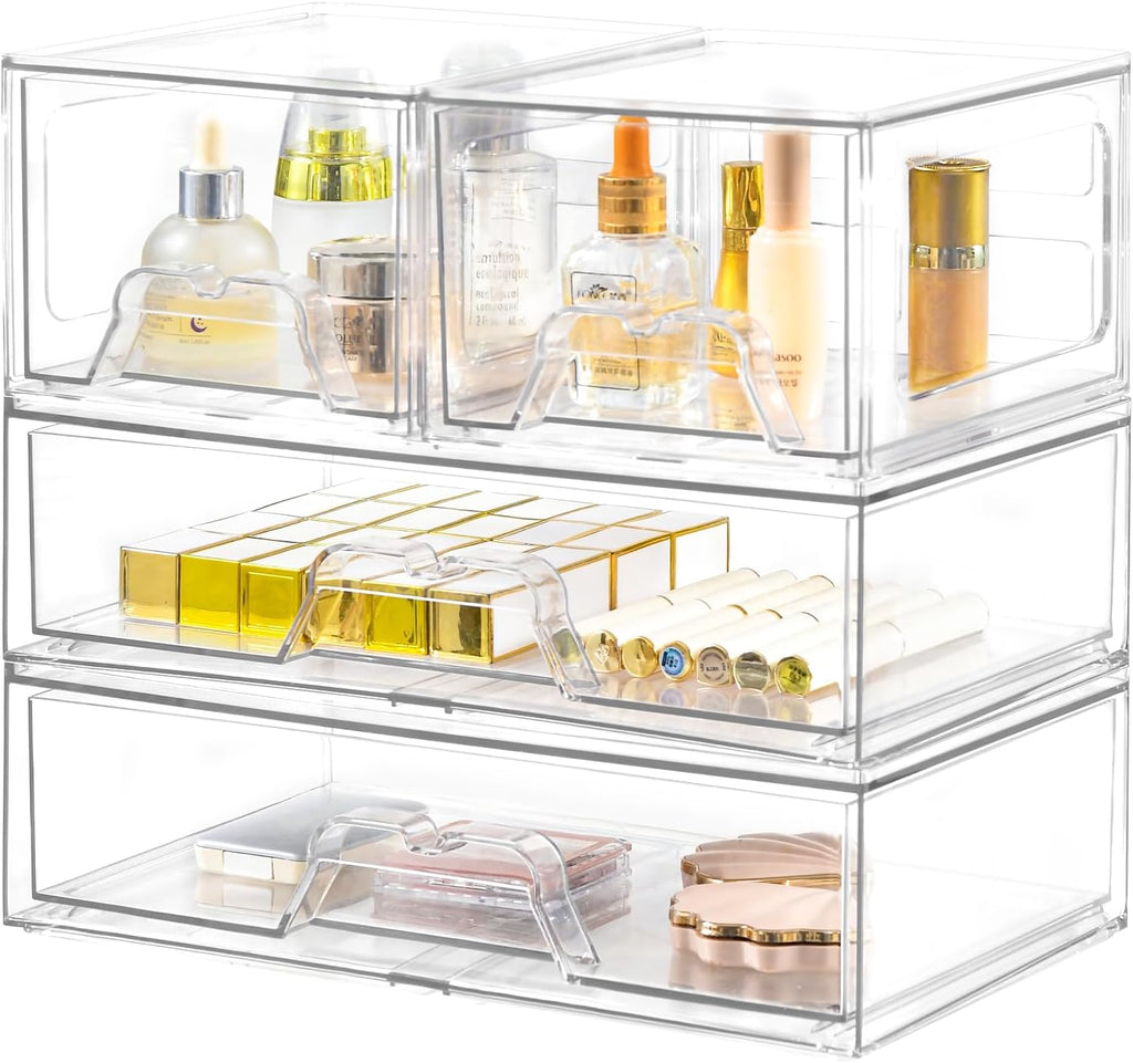 4 Pack Stackable Storage Drawers Clear Acrylic Organizer Bathroom Makeup Organizer and Storage for Beauty Supplies,Ideal for Vanity, Bathroom,Cabinet,Pantry Organization
