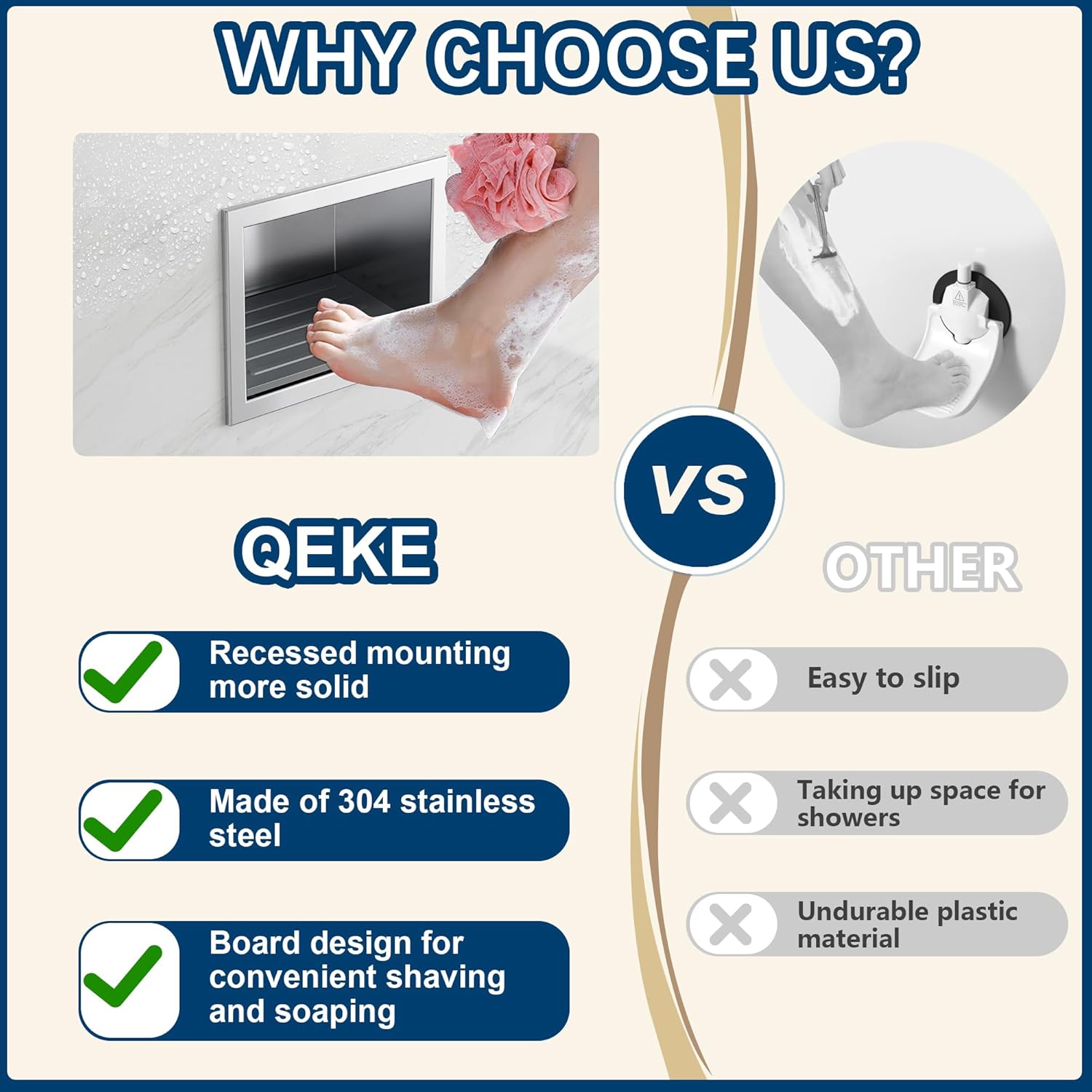 Shower Foot Rest for Shaving Legs, 304 Stainless Steel Footrest Niche with Shaving Holder, Recessed Shower Niche for Shaving Legs, Brushed Nickel