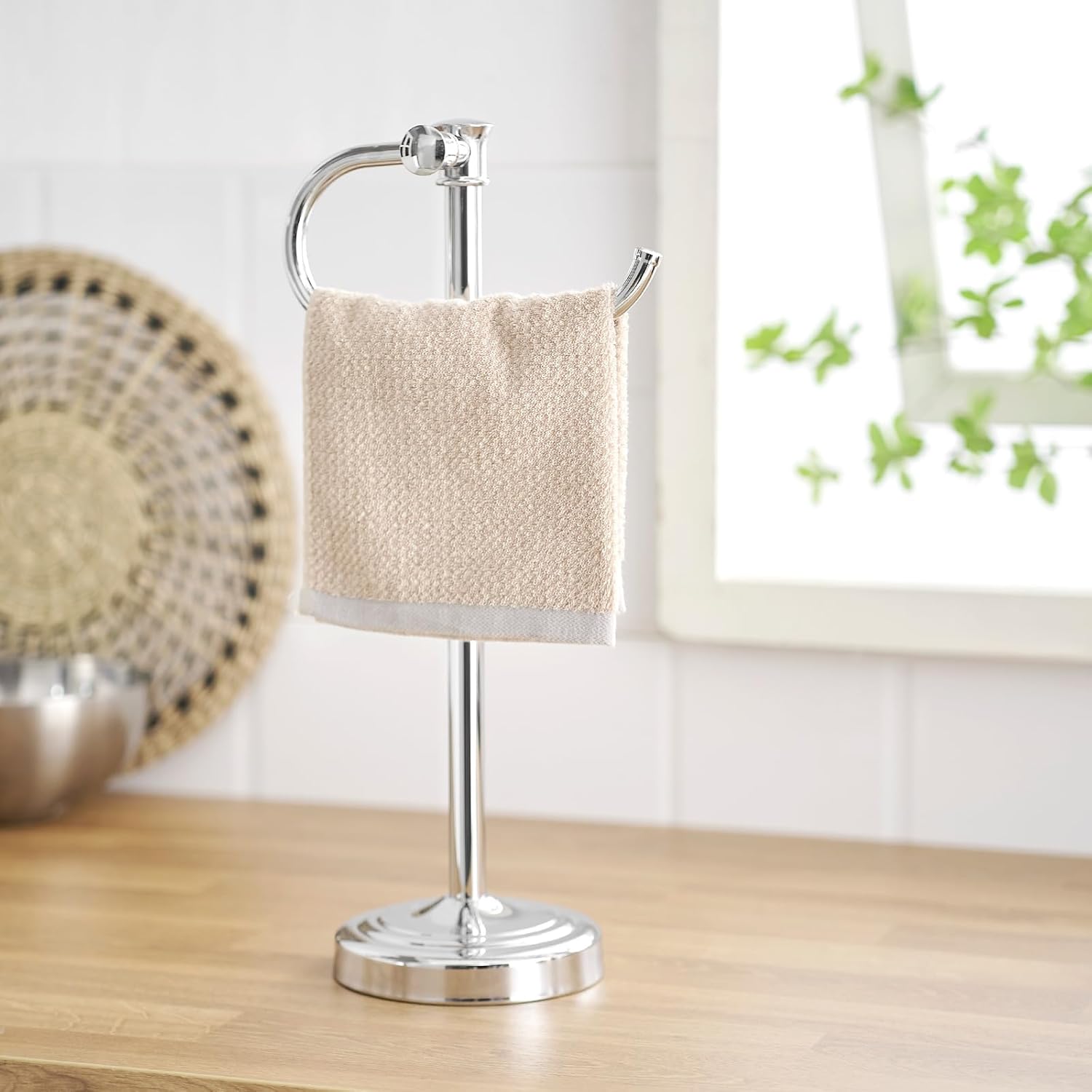 BESy 17 Inch Polished Chrome Stand Towel Bar Hanger Hand Towel Bar Bathroom Vanity Countertop Towel Holder Free Standing Stainless Steel Towel Ring Hardware Accessories Towel Rack