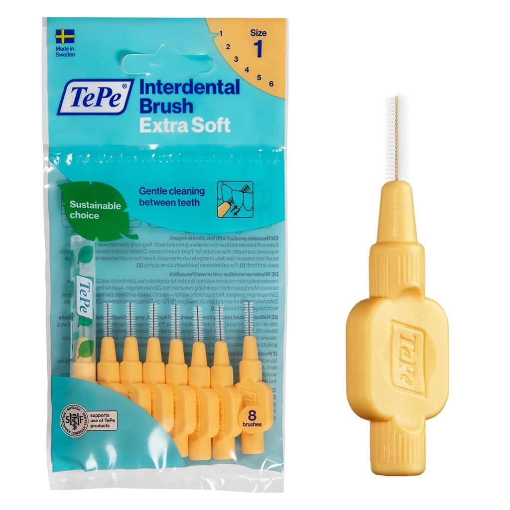 TePe Interdental Brush Extra Soft, Supersoft Dental Brush for Teeth Cleaning, Pack of 8, 0.45 mm, Extra-Small/Small Gaps, Orange, Size 1