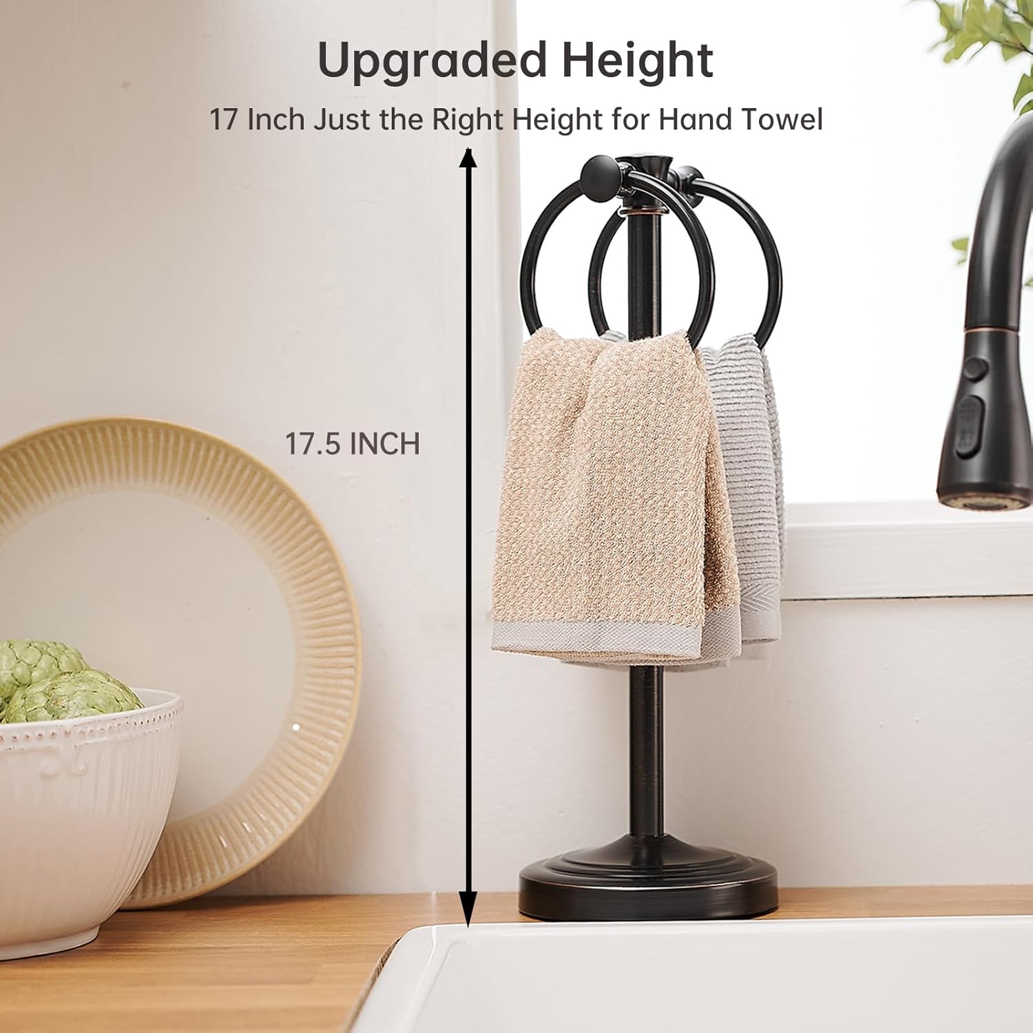 Hoimpro 17 Inch Oil Rubbed Bronze Stainless Steel Free Standing Towel Rack Bar, Double Stand Towel Ring Hand Towel Holder Hanger, Towel Hardware for Bathroom Vanity Kitchen Countertops