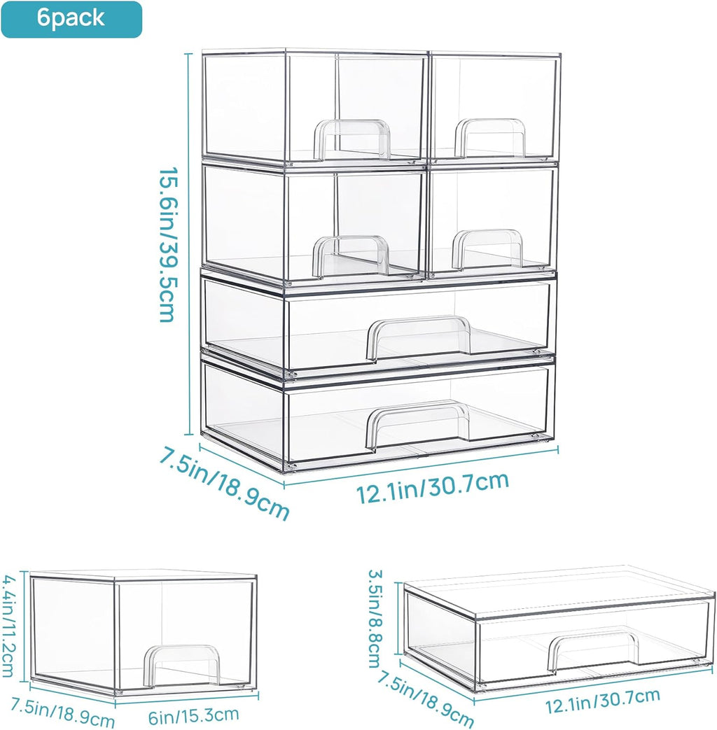 Vtopmart Stackable Storage Drawers Set of 6, Clear Plastic Organizer Bins for Bathroom Supplies,Ideal for Cabinet,Pantry,Laundry Room Organization