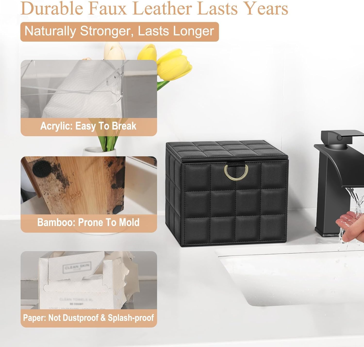 Disposable Face Towel Holder Box, Black PU Leather Container for XL Clean Skin Club Face Towels, Reusable Organizer for Clean Skin Towel Makeup Wipe Holder Counter Bathroom Organizers and Storage