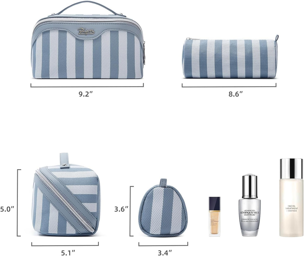 BOYATU Travel Makeup Bag for Women: Large Cosmetic Bag Set of 3 - PU Leather Make up Bag with Compartments - Compact Waterproof Toiletry Bag with Divider & Handle (A-02Blue)