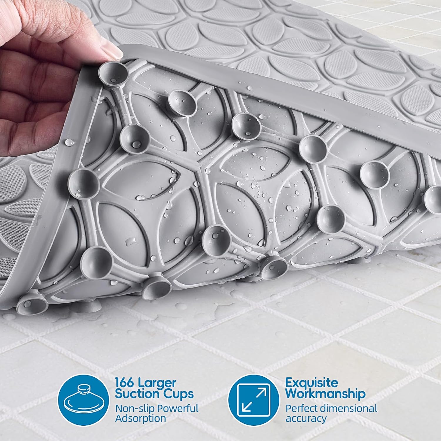 WRISIN Bathtub Mat Non Slip with Suction Cups - 100% Rubber Bathroom Mat Textured for Bath Tub Shower Safety - Soft on Touch - BPA/PVC Free - Pet Dog Bath Mat - Machine Washable - 16 × 28 Inch（Gray）