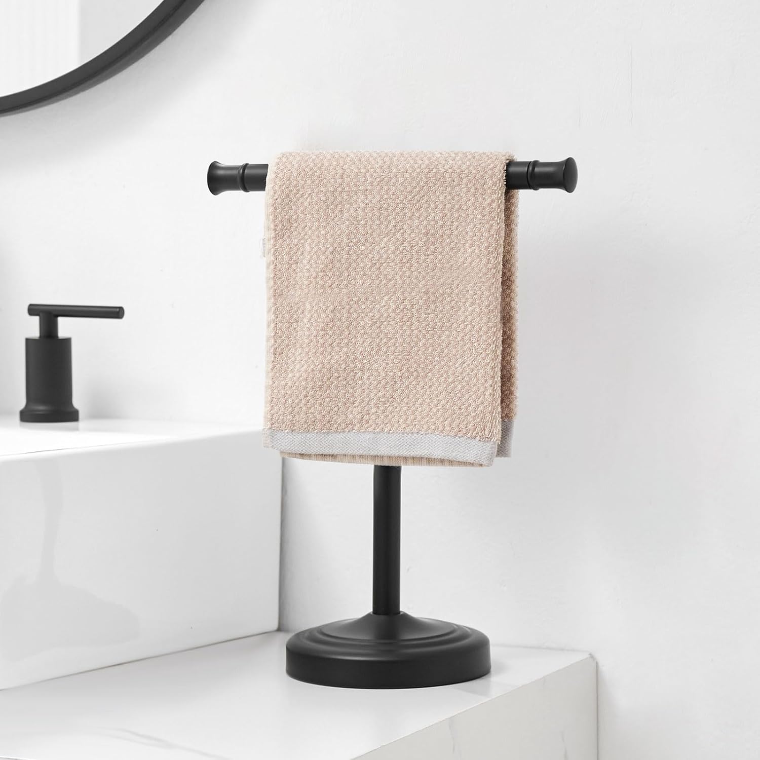 RUMOSE 13 Inch Matte Black Towel Stand Hand Towel Holder Bathroom Kitchen Vanity Countertop T-Shape Towel Rack Free Standing Stainless Steel Towel Bar Towel Ring