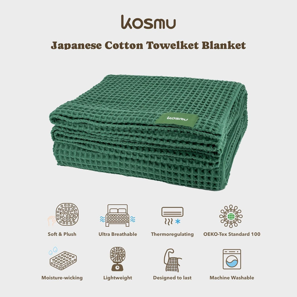 Luxury Japanese Cotton Waffle Towelket Blanket for All Sleepers | Soft, Breathable and Thermoregulating (Forest Green, 67''x91'')
