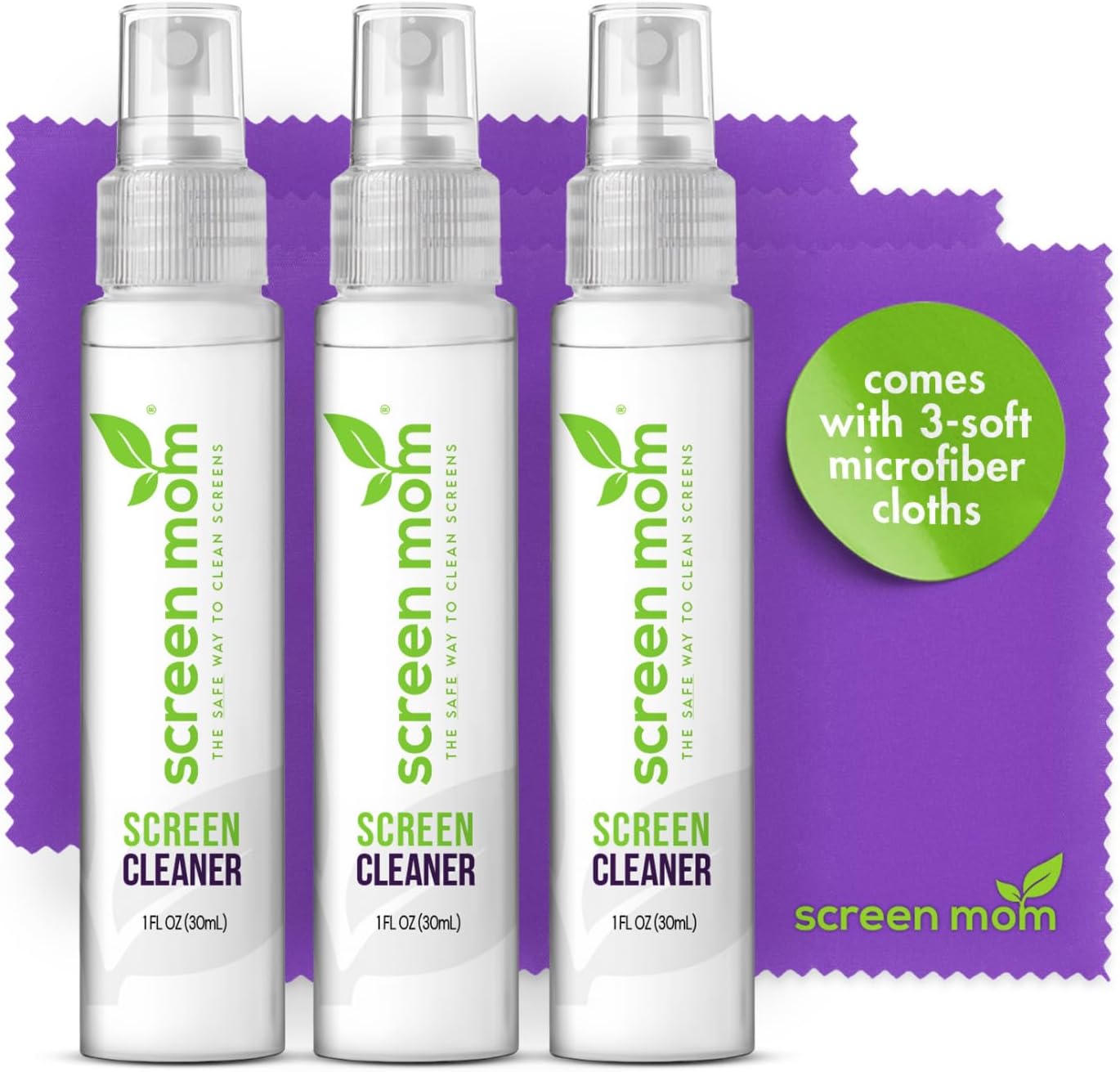 Screen Cleaner Spray and Microfiber Cloths 3-Pack (3x1oz) by Screen Mom-Screen Cleaner Spray and Wipe for TV, Computer, Phone, iPad, Car Screen Cleaning Kit Electronic Cleaner Spray