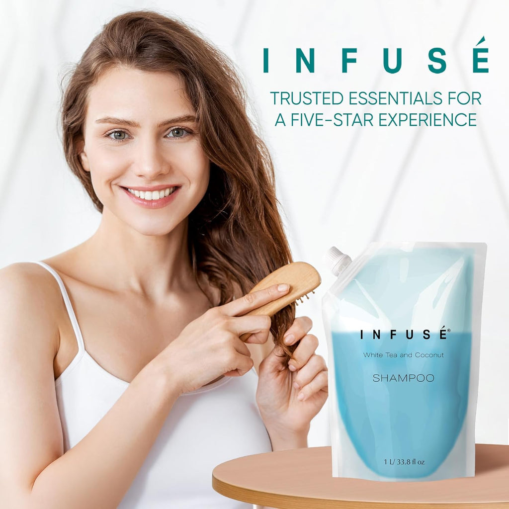 1 Liter Shampoo Refill Bag For Soap Dispensers | Bulk Toiletries for Vacation Rentals, and Home Bathroom Showers | White Tea and Coconut | Single