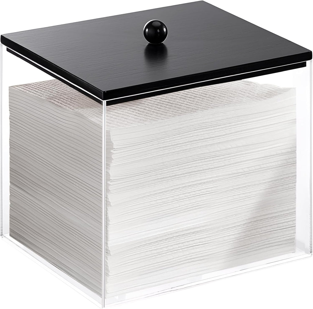 Puricon Acrylic Disposable Facial Towels Holder, Clear Storage Bin with Wood Lid Compatible with Clean Skin Club Towel (NOT Included), Face Towelettes Container for Bathroom Counter -Black