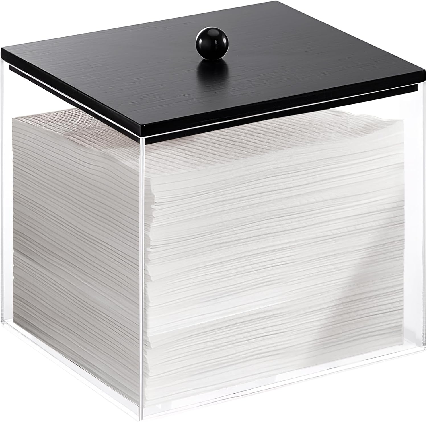 Puricon Acrylic Disposable Facial Towels Holder, Clear Storage Bin with Wood Lid Compatible with Clean Skin Club Towel (NOT Included), Face Towelettes Container for Bathroom Counter -Black