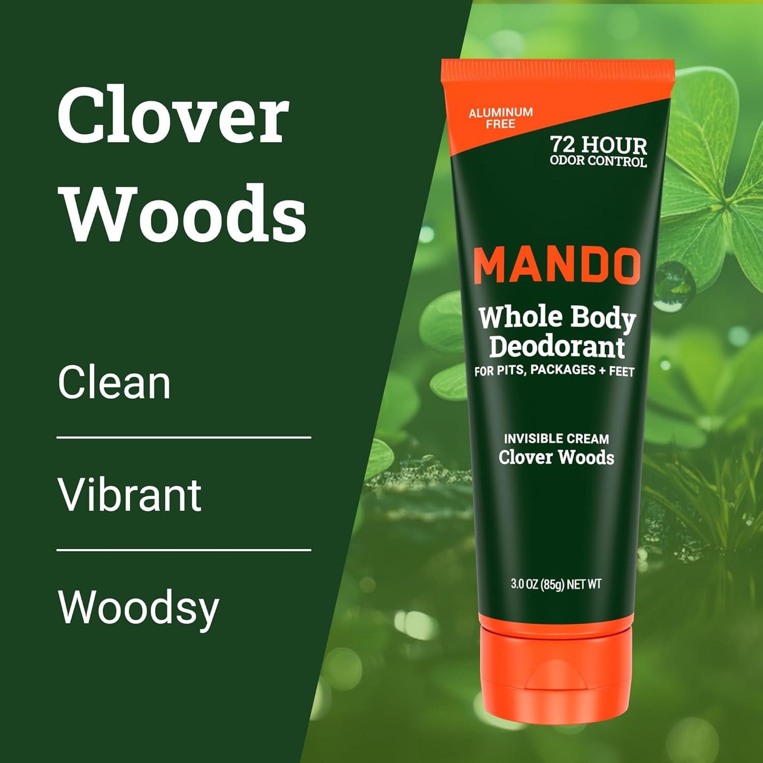 Mando Whole Body Deodorant For Men - Invisible Cream - 72 Hour Odor Control - Aluminum Free, Baking Soda Free, Skin Safe - 3 Ounce Tube (Pack of 2) - Clover Woods