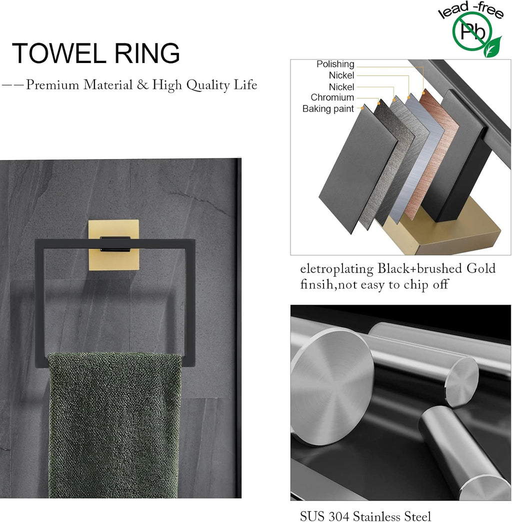 TNOMS 5 Pieces Bathroom Hardware Accessories Set Black and Gold Towel Bar Set,Wall Mounted Stainless Steel,23.6 Inch