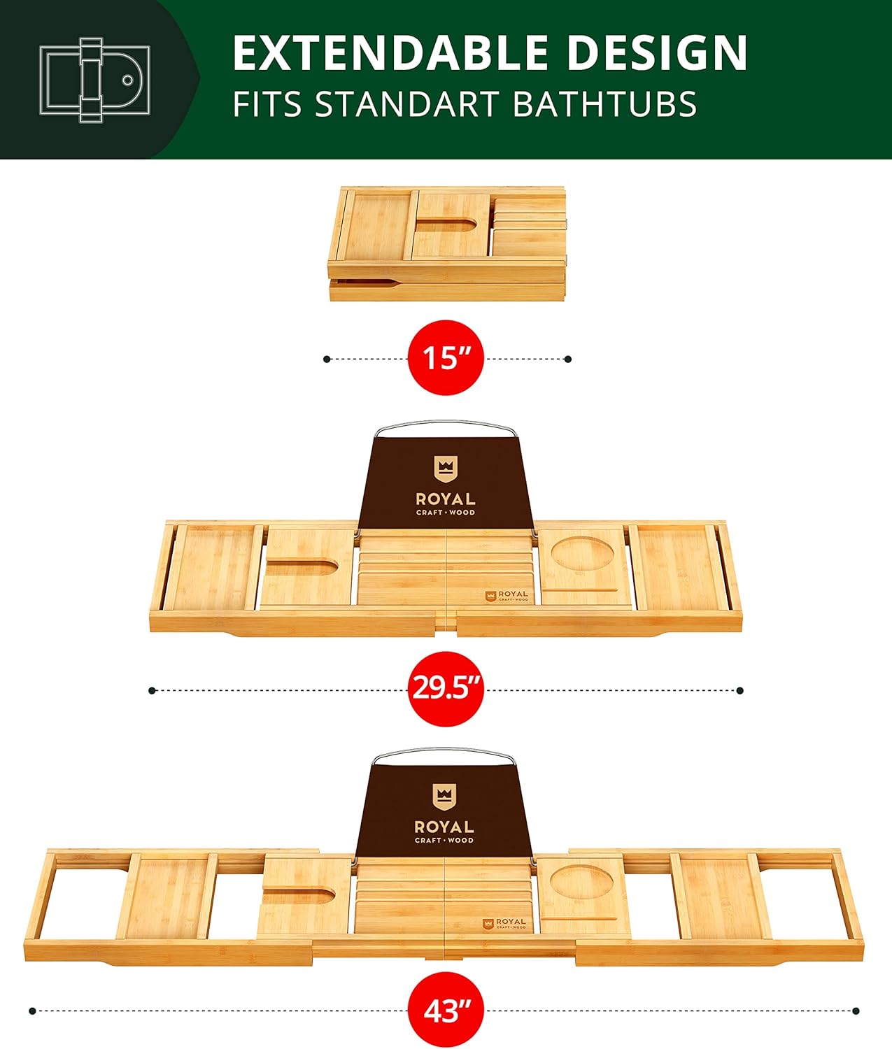 ROYAL CRAFT WOOD Bathtub Tray Caddy for Tub, Bamboo Bath Shelf, Premium Foldable Wood Bath Table, Expandable Bathtub & Bathroom Accessories, New Home Gifts for Mom, Housewarming, Anniversary, Wedding