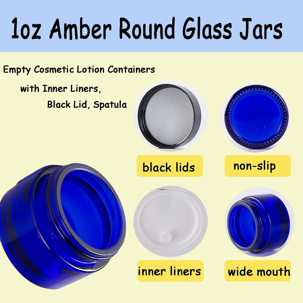 1 oz Glass Container Jar with Lid, Small Empty Cosmetic Round for Cream, Lotion (Blue)