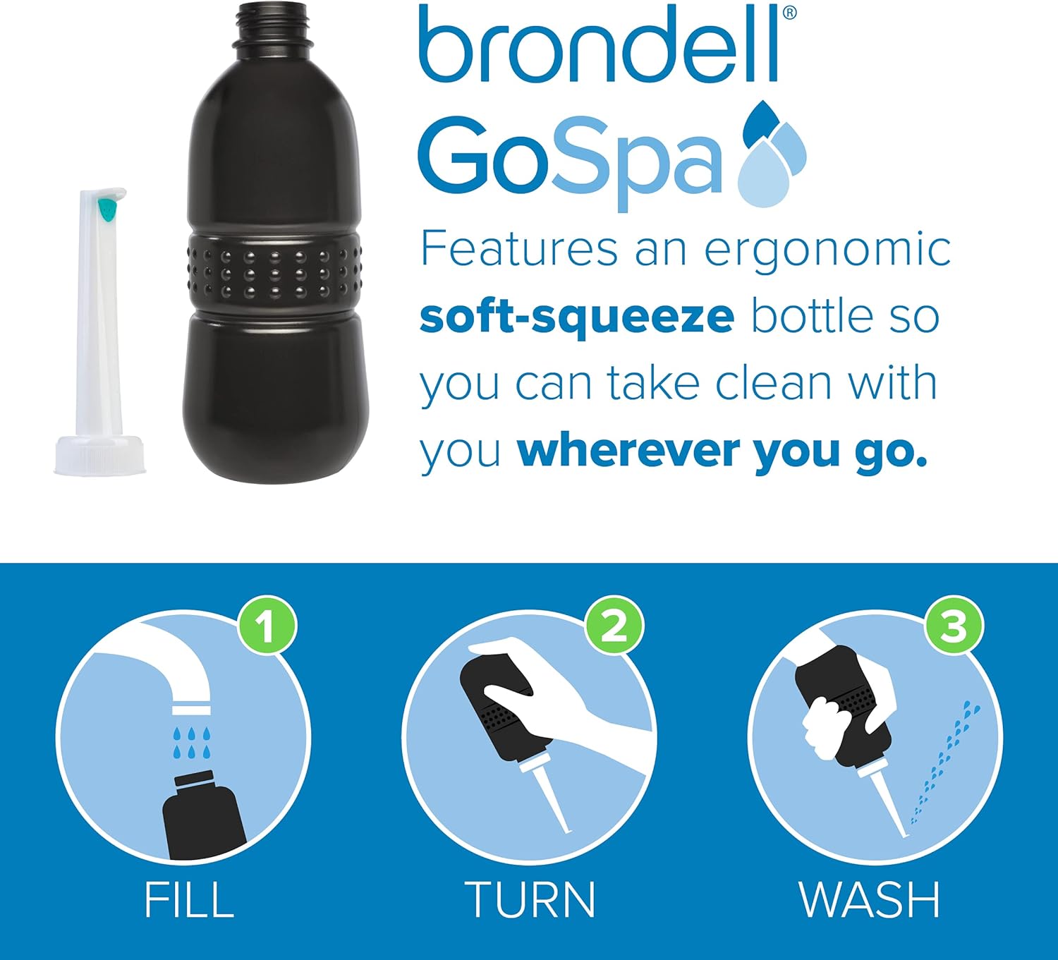 Brondell GoSpa Essential Portable Bidet for Everyday Use, Camping, Hiking, and Outdoor Activities, Compact and Discreet, Includes Travel Bag, 400mL, Midnight