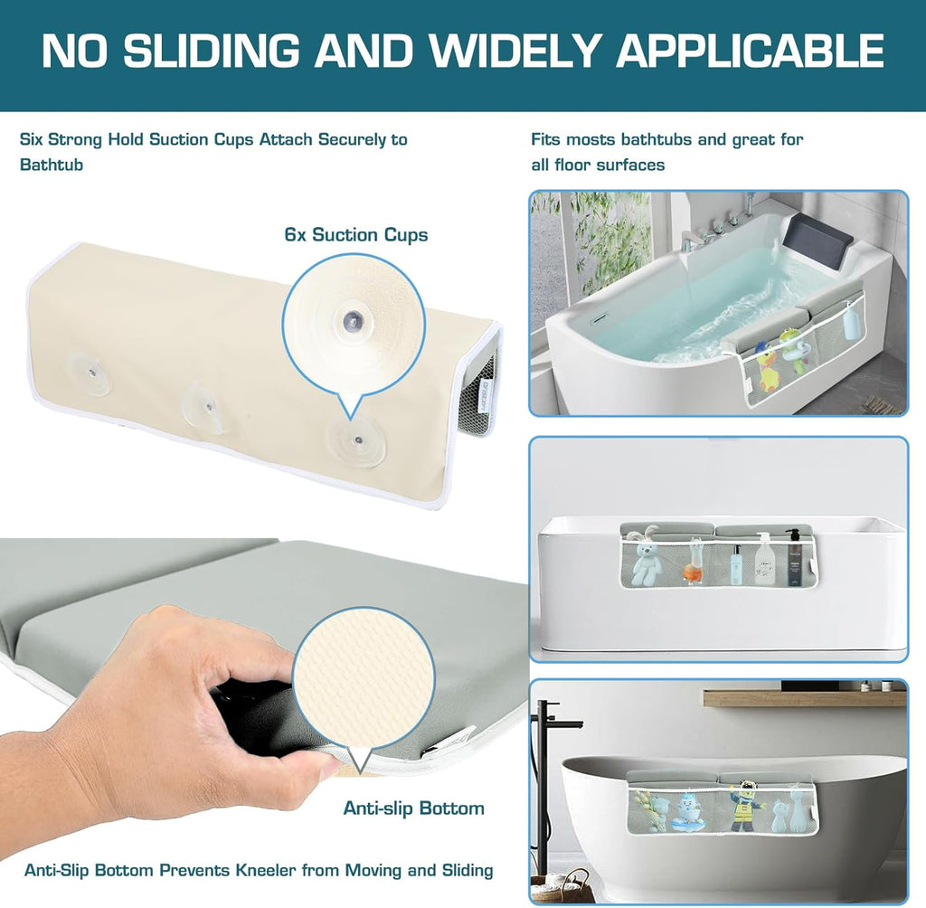 Bath Kneeler and Elbow Rest Pad, Thick Quick Dry Kneeling Pad, Elbow Support, Large Bathtub Kneeling Mat with Toy Organizer for Baby Bathing (Grey)