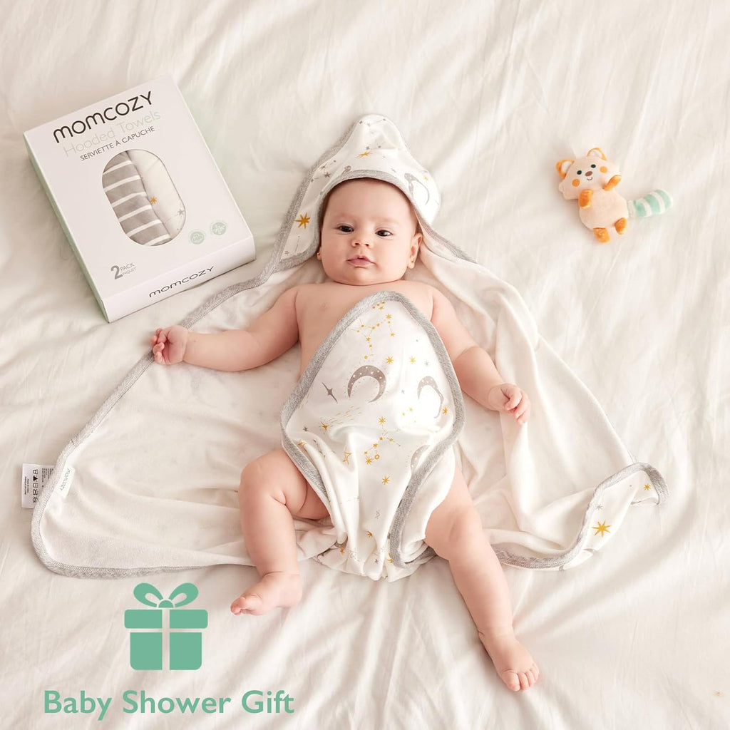 Momcozy Hooded Baby Towel, 2 Pack Baby Bath Towel with Large 35 X 35 Inch, Super Soft Cotton and Hooded Towel for Newborn, Toddler and Kid, Starry Sky