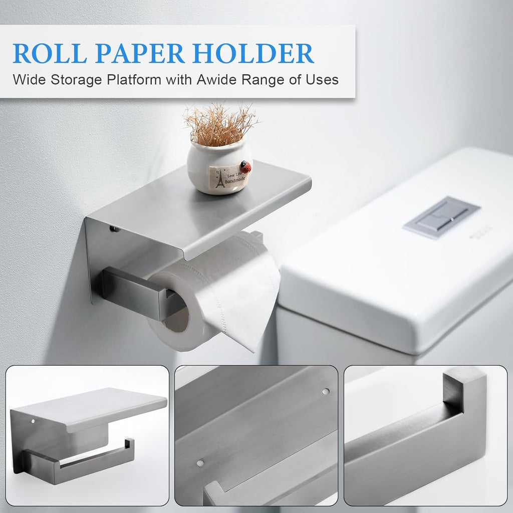 Brushed Nickel Bathroom Towel Bar Set Bathroom Accessories Hardware Set Including Double Towel Bar Towel Ring Coat Hook and Toilet Paper Holder with Shelf. Wall Mounted Stainless Steel