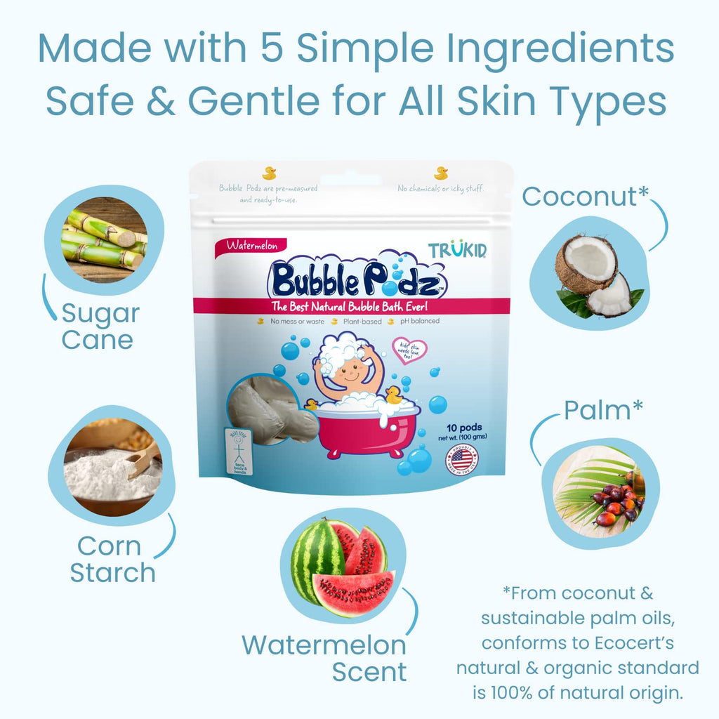 TruKid Bubble Podz Bubble Bath for Kids, Toddlers, & Babies, Tear Free Gentle & Refreshing Bath Bomb for Sensitive Skin with Natural Moisturizers, Non-Toxic, pH Balanced, Watermelon Scent (24 Podz)