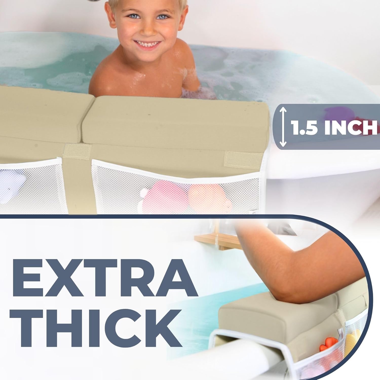 Comfortable Baby Bath Kneeler and Elbow Rest Pad Set – Thick Memory Foam Bath Kneeling Pad with Elbow Support – Baby Bathtub Cushion with Toy Organizer for Bathing Infant or Toddler - Beige