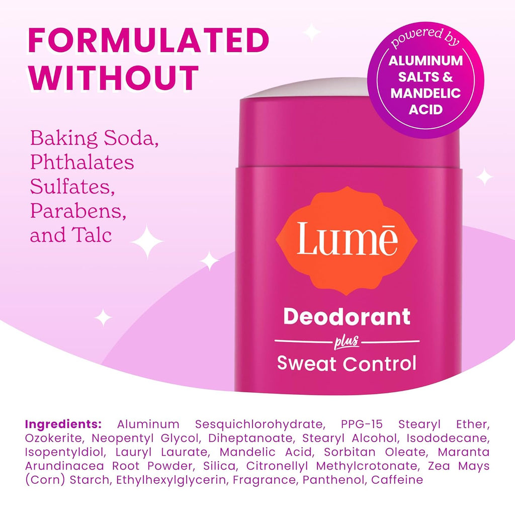 Lume Deodorant Plus Sweat Control - Smooth Solid Stick - Extra Strength Antiperspirant - 72 Hour Odor And Sweat Control - Baking Soda Free, Skin Loving - 2.6 ounce (Soft Powder) Pack of 2