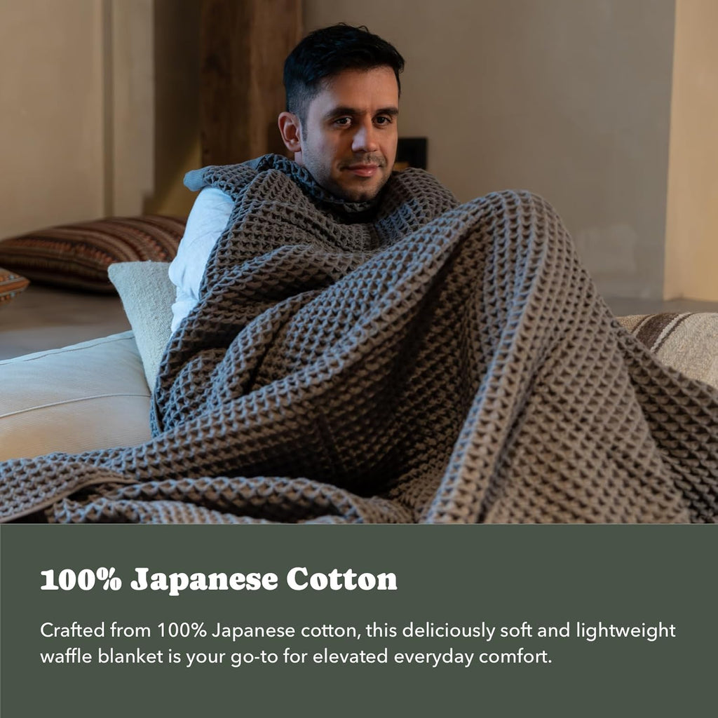 Luxury Japanese Cotton Waffle Towelket Blanket for All Sleepers | Soft, Breathable and Thermoregulating (Smoke Grey, 67''x91'')