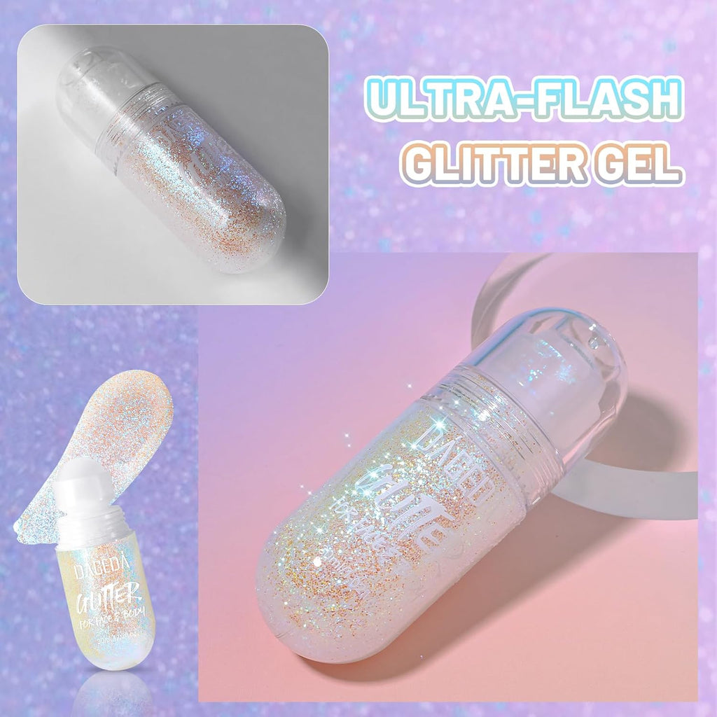 DAGEDA Body Glitter Gel, Roll-on Face Glitter for Mermaid Makeup Festival Rave Accessories, Holographic Hair Glitter Gel,Body Shimmer Halloween Makeup for Rave Party(Fantasy)