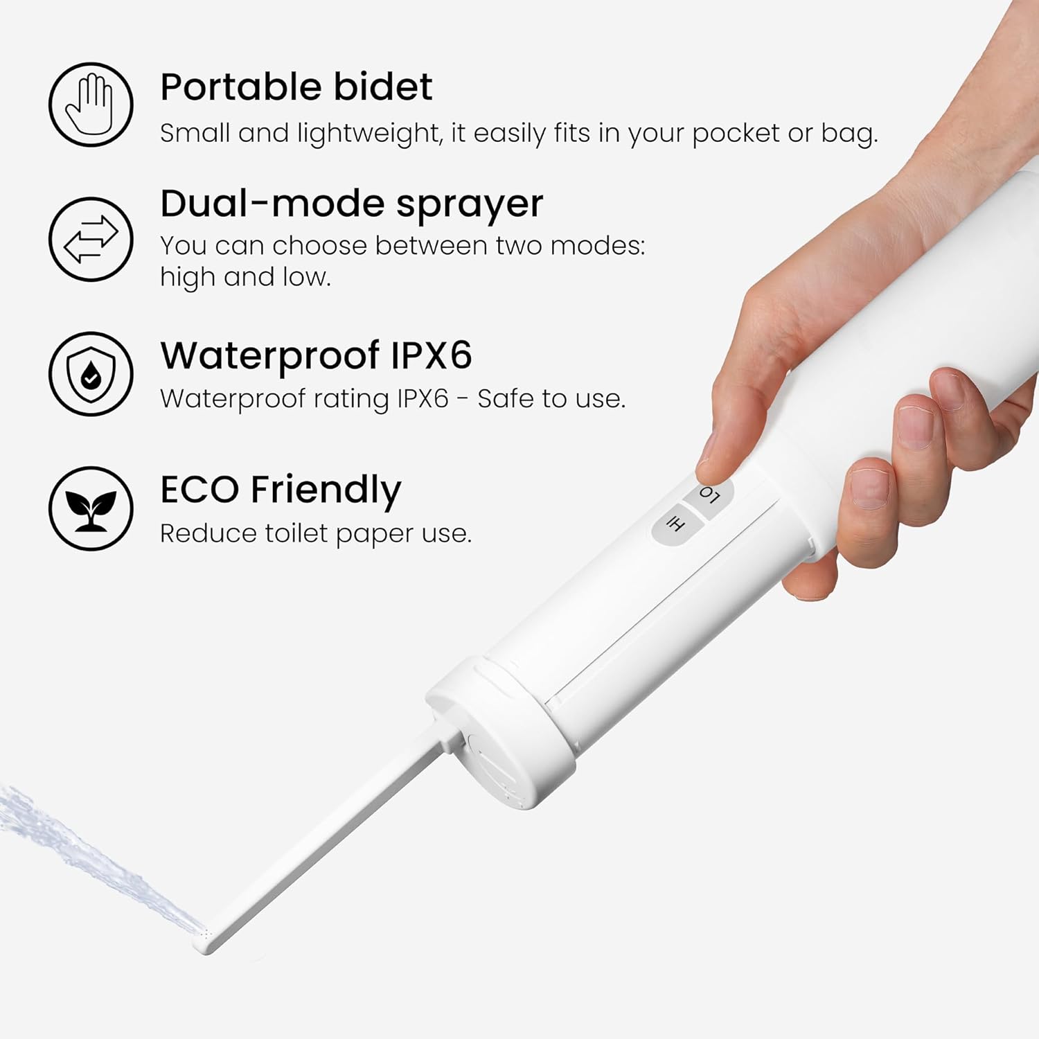 VOVO Go Portable Electric Bidet for Travel - 2 Adjustable Pressure Settings, Compact Handheld Bidet, Ideal for Personal Hygiene & Postpartum Care, Lightweight & Leak-Proof, Made in Korea - White