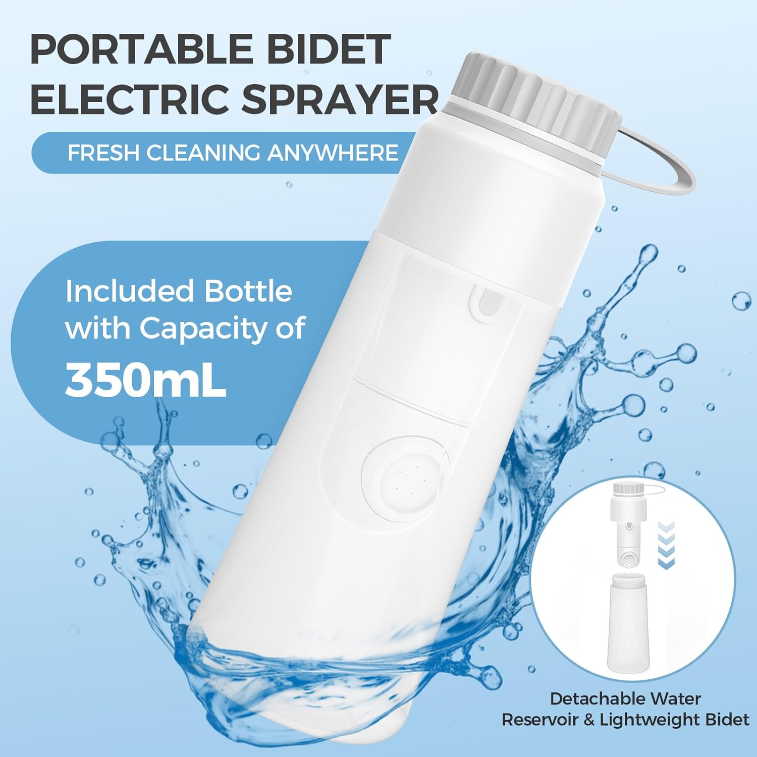 Portable Bidet for Travel, Rechargeable Electric Handheld Bidets with 2 Spray Modes - IPX7 Waterproof, 350 ML Travel Bidet for Women Men Baby Cleaning