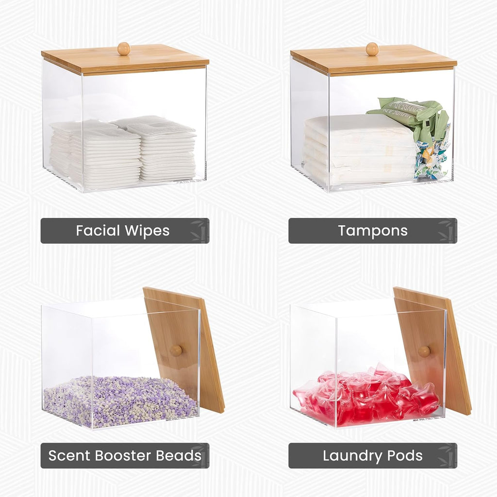 Puricon Acrylic Disposable Facial Towels Holder, Clear Storage Bin with Wood Lid Compatible with Clean Skin Club Towel (NOT Included), Face Towelettes Container for Bathroom Counter -Nature