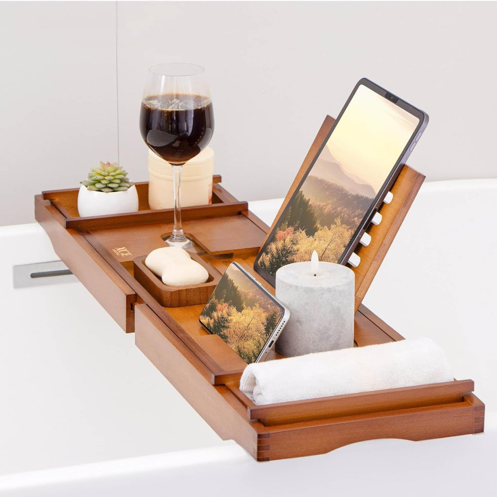 XcE Bathtub Caddy Tray Expandable to 105cm with Bamboo Book Stand and Soap Tray, Brown