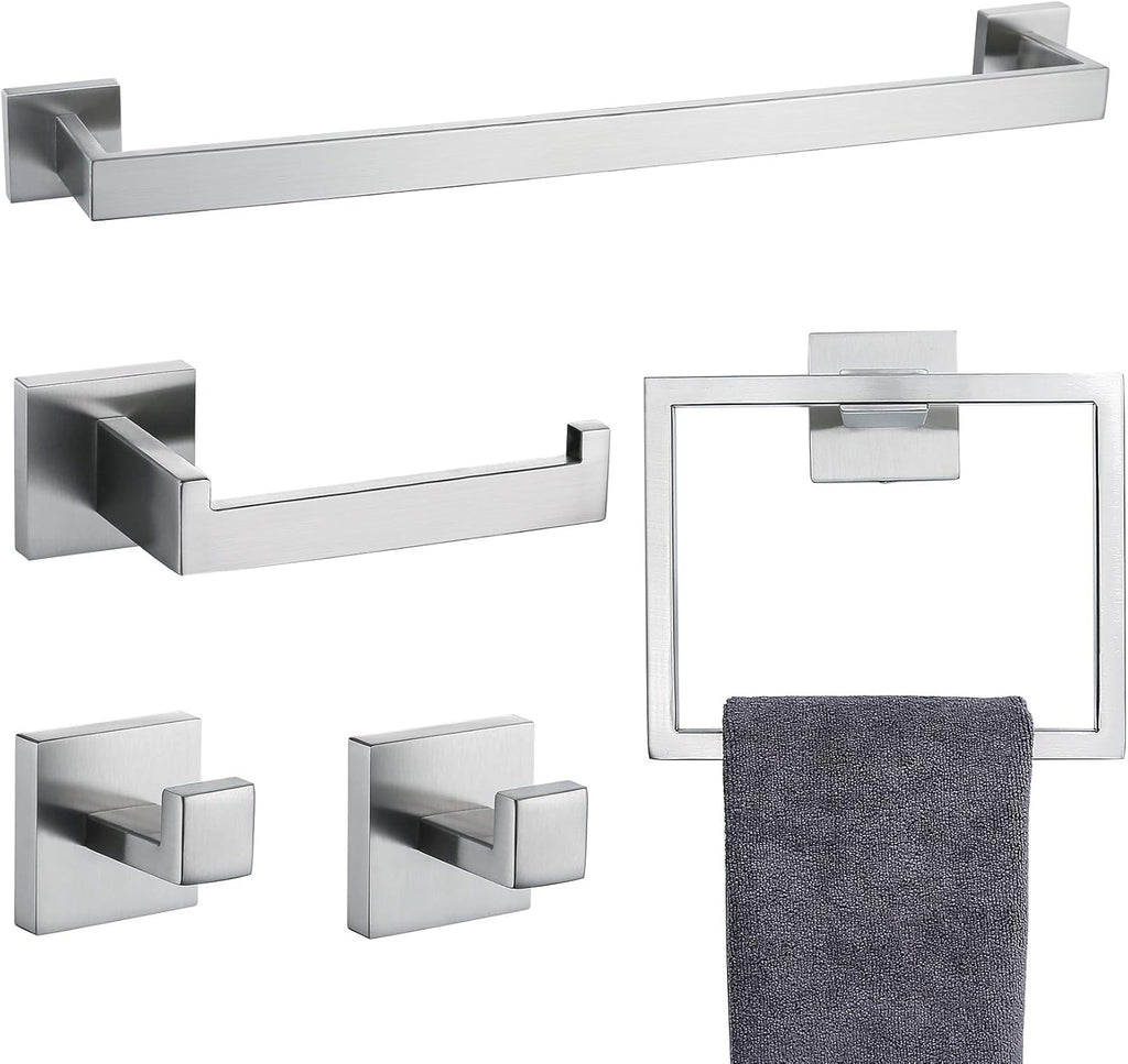 TNOMS Bathroom Towel Bar Set 5 Pieces Brushed Nickel Square Modern Bathroom Hardware Set,Stainless Steel Wall Mounted 23.6-Inch