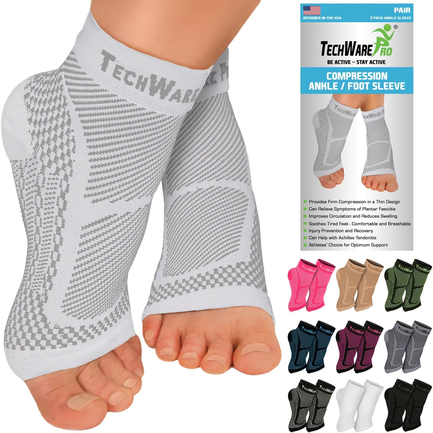 TechWare Pro Ankle Brace Compression Sleeve - Plantar Fasciitis Sock. Relieves Achilles Tendonitis. Foot Arch Support Reduces Joint Pain, Swelling & Heel Spur Pain. Injury Recovery Braces for Sports