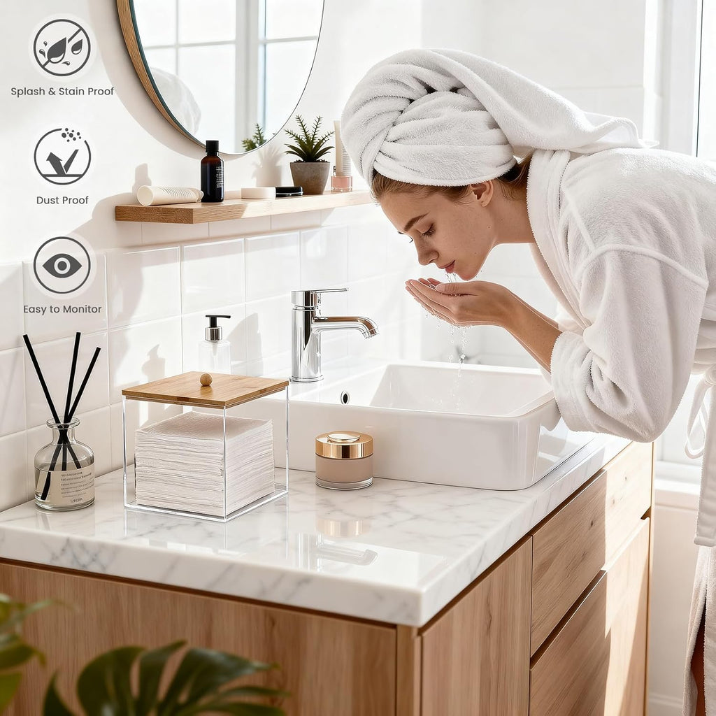 Puricon Acrylic Disposable Facial Towels Holder, Clear Storage Bin with Wood Lid Compatible with Clean Skin Club Towel (NOT Included), Face Towelettes Container for Bathroom Counter -Nature