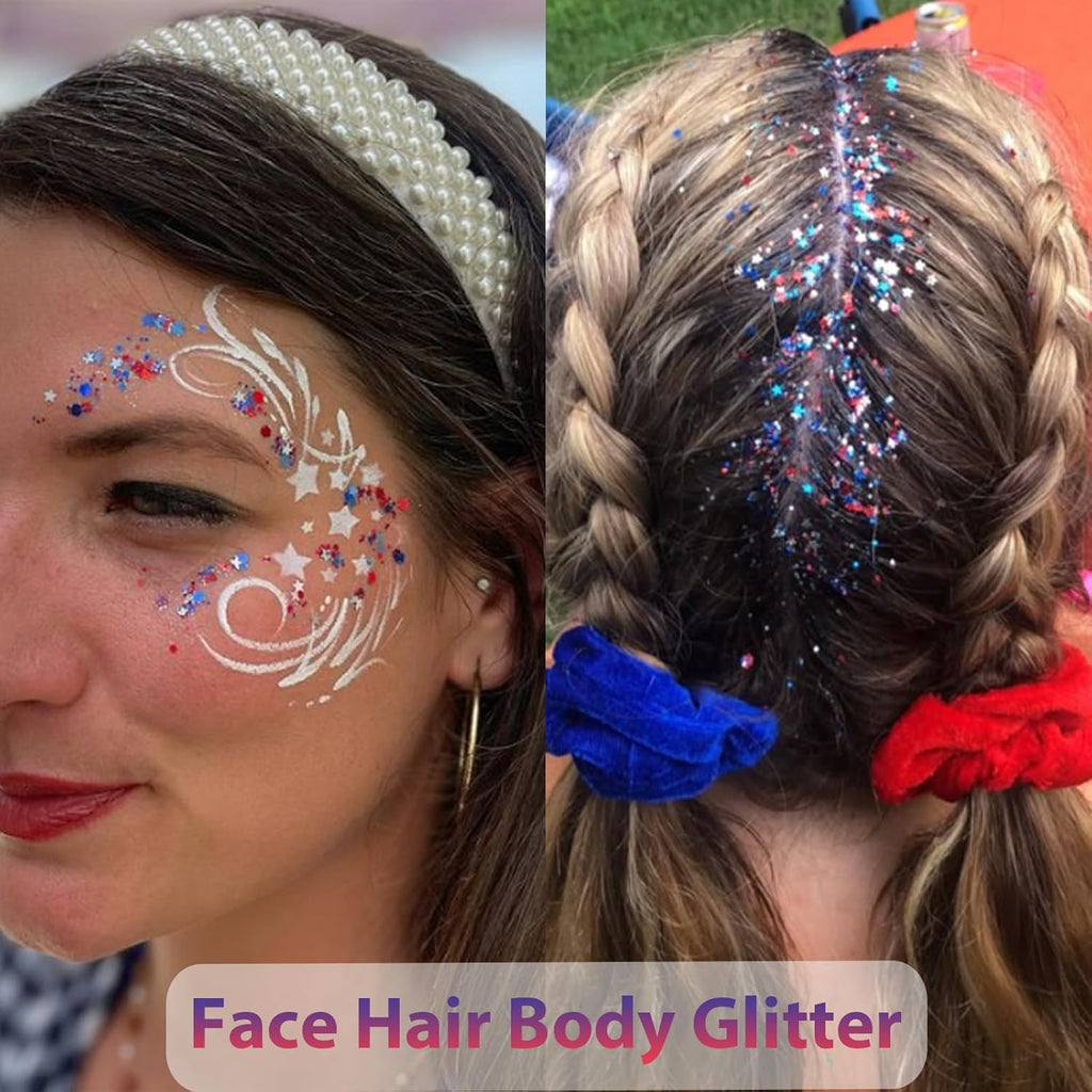 Mysense Patriotic USA Flag Face Hair Glitter for Independence Day Memorial Day Veterans Day, 4th of July Outfits and Accessories for Women Kids, 08# Red White and Blue Glitter Stick, 0.56oz