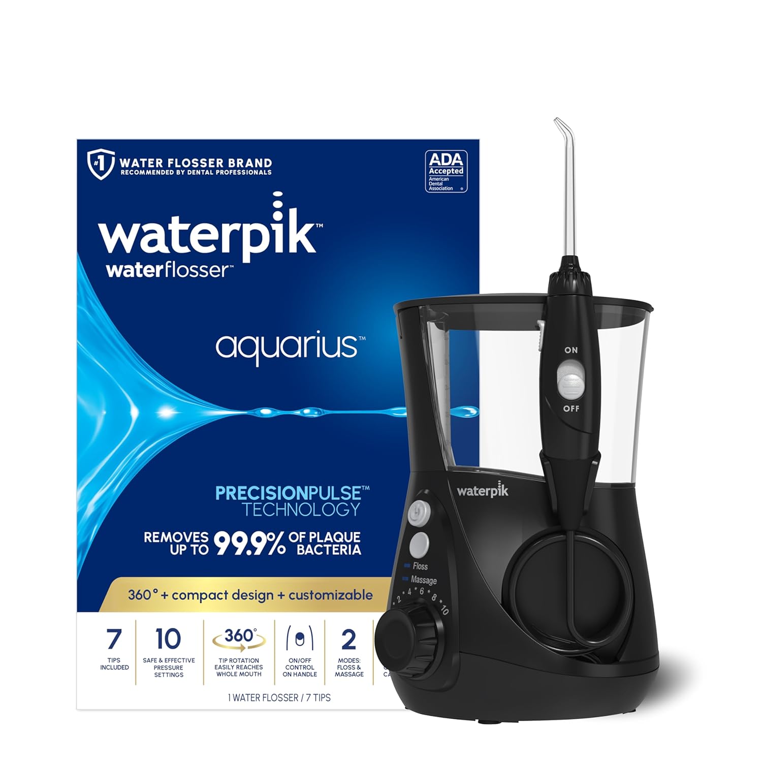 Waterpik Aquarius Water Flosser For Teeth Cleaning, Gums, Braces, Dental Care, Electric Power With 10 Settings, 7 Tips For Multiple Users And Needs, ADA Accepted, Black WP-662, Packaging May Vary
