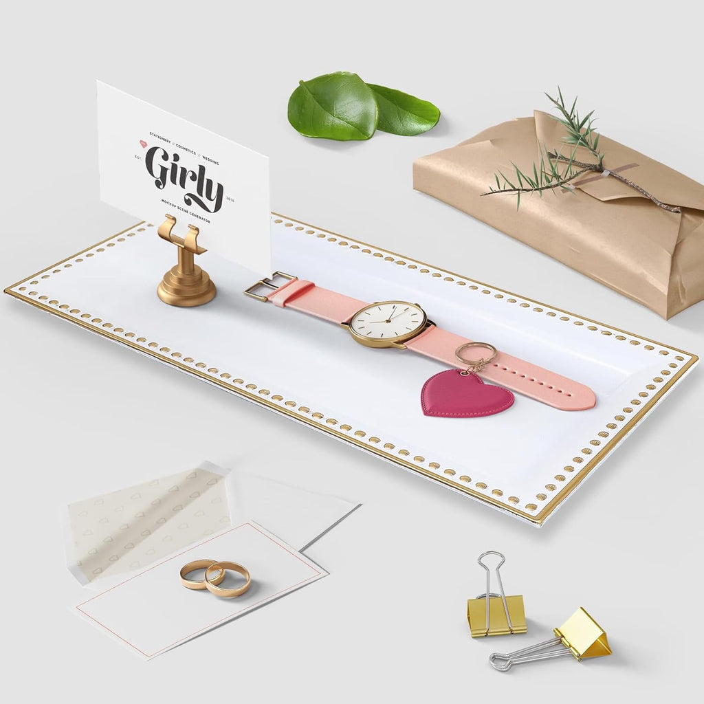 2 Pack White Bathroom Vanity Tray for Countertop with Beads, Small Plastic Toilet Tank Tray Versatile Storage Organization Tray for Makeup, Perfume, Desk, Kitchen, Candles, 14"x7"x1", 36W