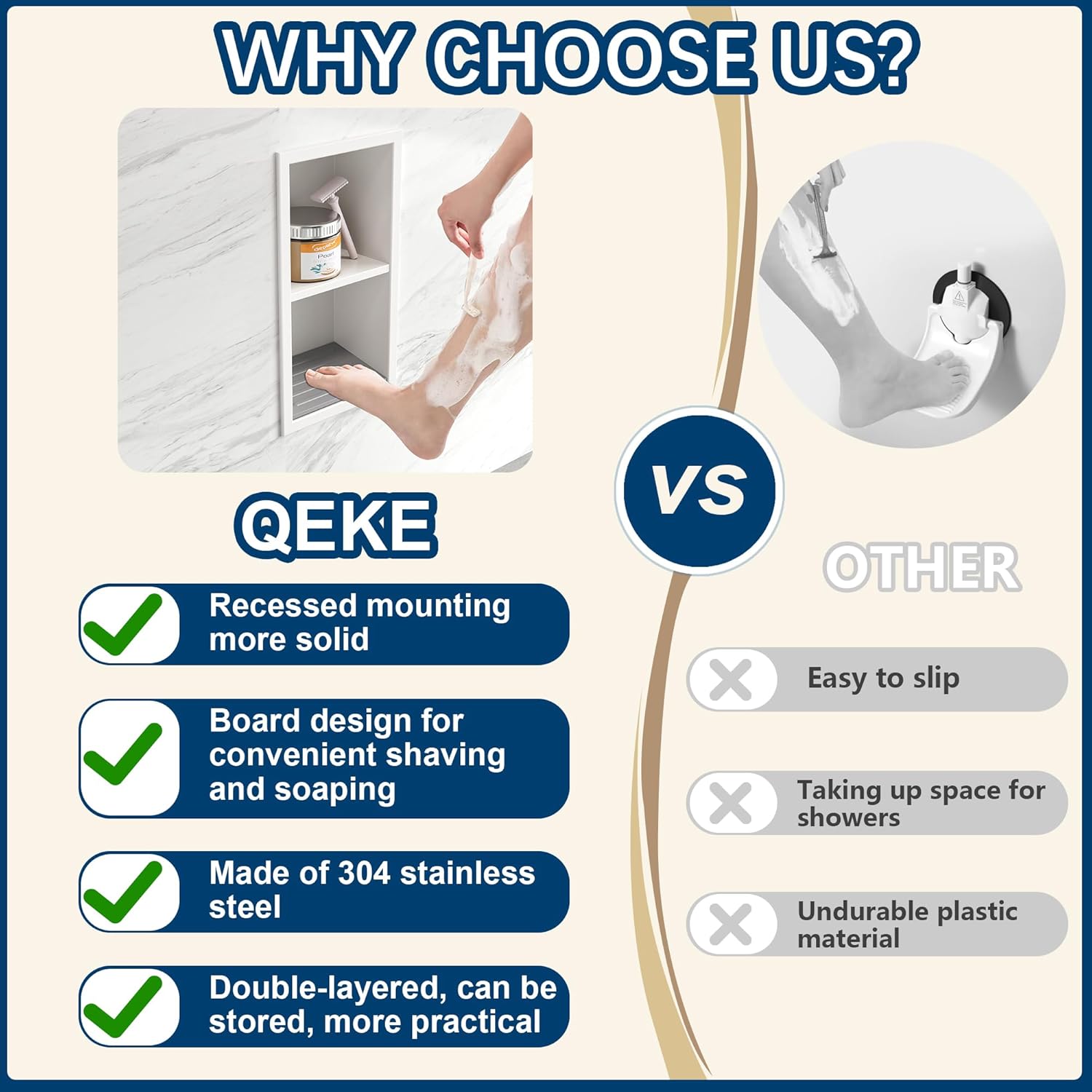 Shower Foot Rest for Shaving Legs, 304 Stainless Steel Footrest Niche with Shaving Holder, Recessed Shower Niche for Shaving Legs, Matte White, 5.9" X 12.3"