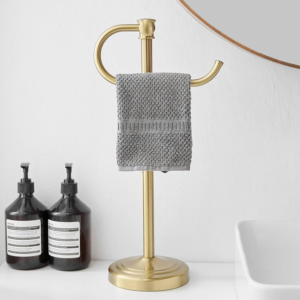 BESy 17 Inch Brushed Gold Stand Towel Bar Hanger Hand Towel Bar Bathroom Vanity Countertop Towel Holder Free Standing Stainless Steel Towel Ring Hardware Accessories Towel Rack