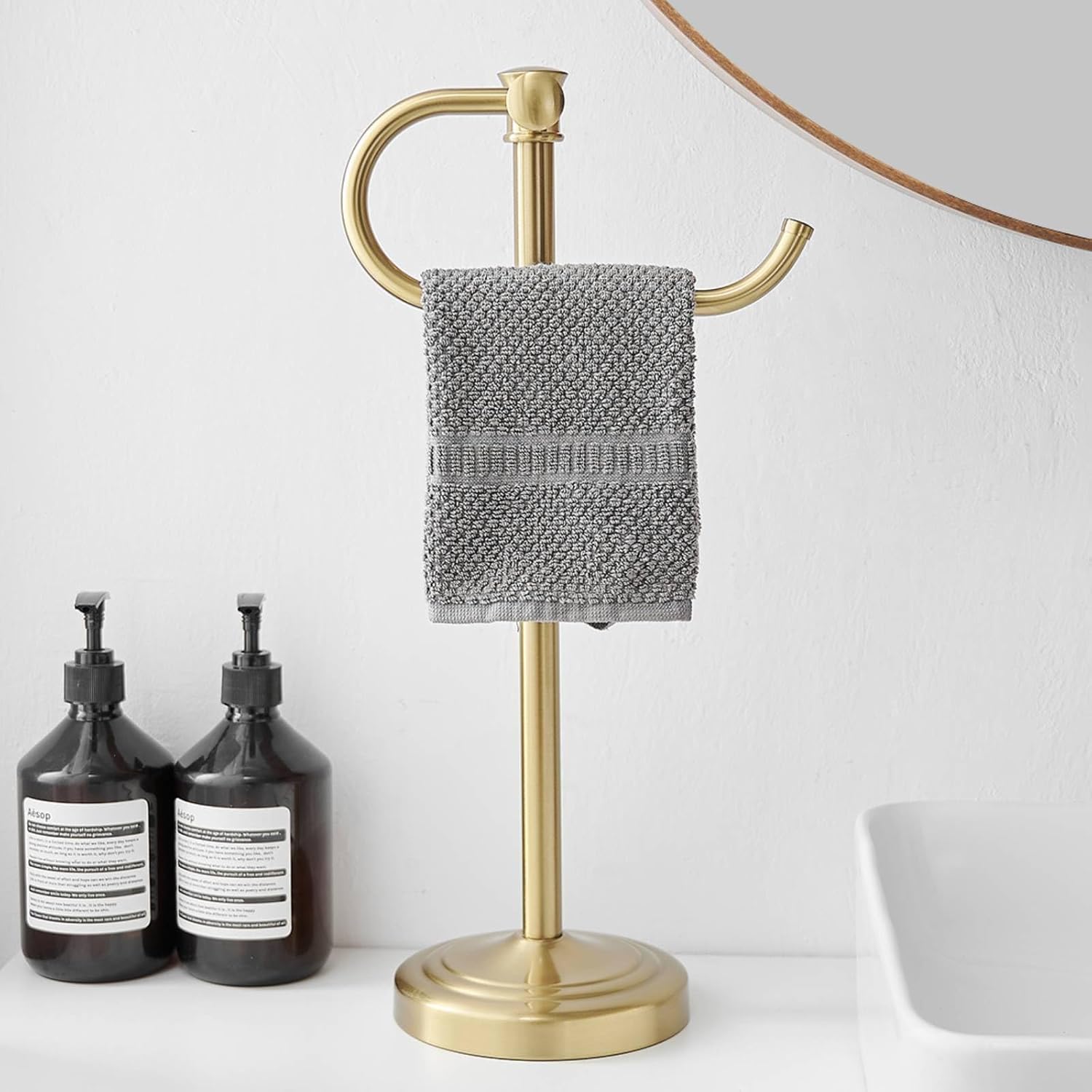 BESy 17 Inch Brushed Gold Stand Towel Bar Hanger Hand Towel Bar Bathroom Vanity Countertop Towel Holder Free Standing Stainless Steel Towel Ring Hardware Accessories Towel Rack