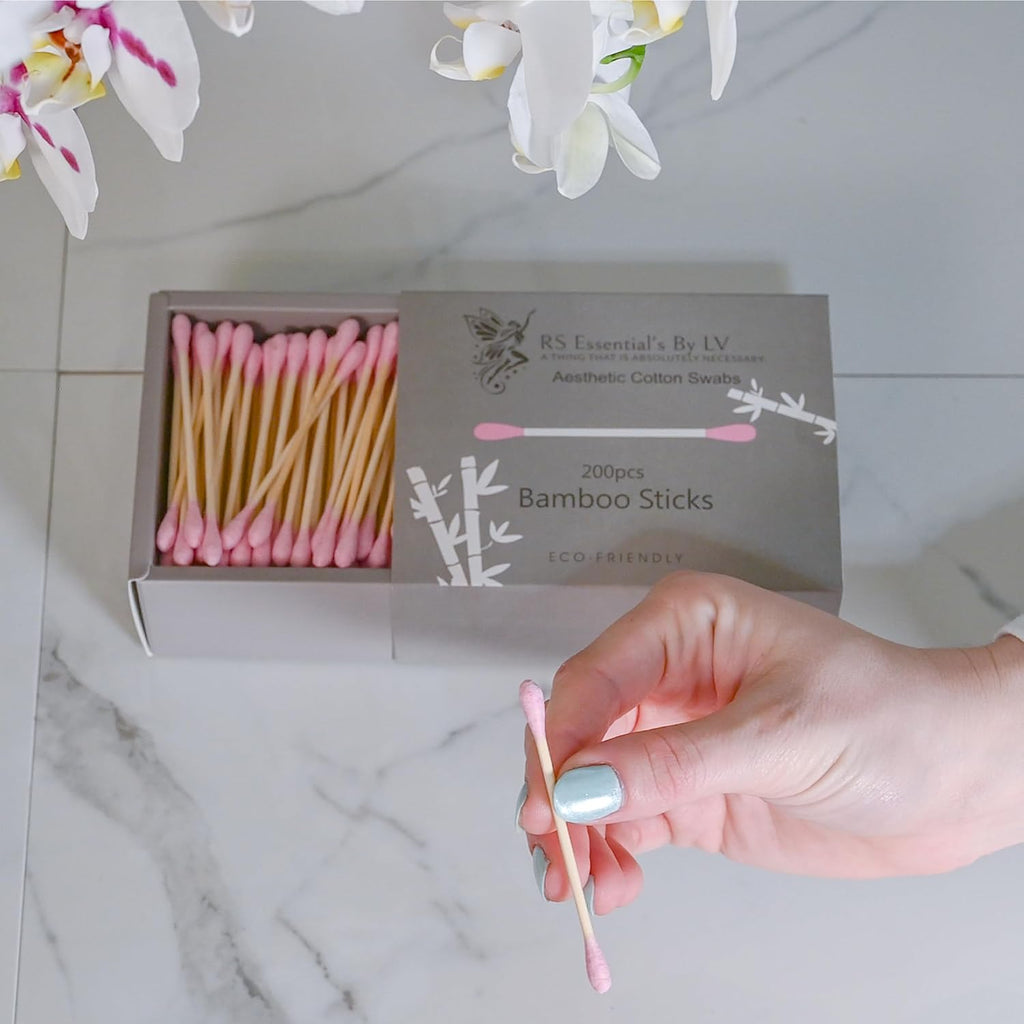 RS ESSENTIAL'S BY LV: Aesthetic Cotton Swabs Sticks Ear Swabs Bamboo swabs 200 Count Cotton Buds In 5 Colorful Colors (Pink)