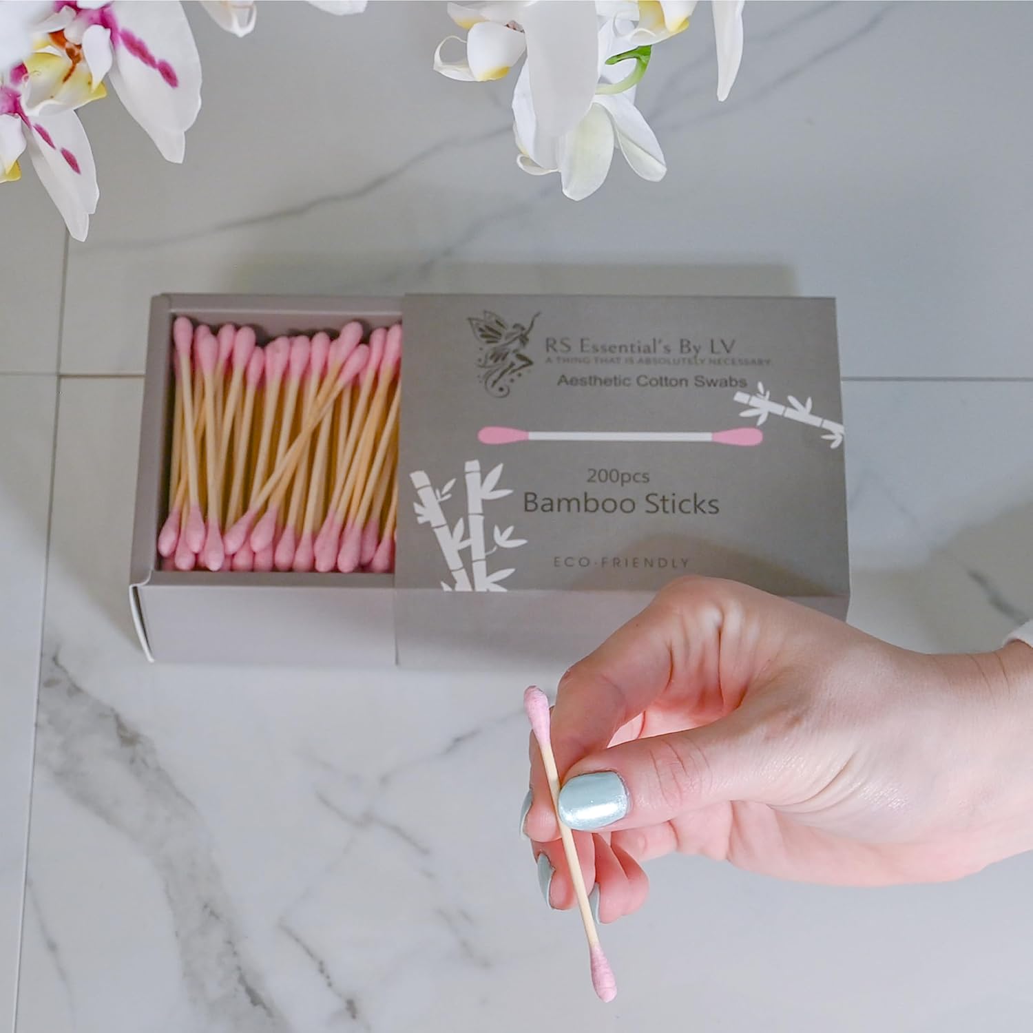 RS ESSENTIAL'S BY LV: Aesthetic Cotton Swabs Sticks Ear Swabs Bamboo swabs 200 Count Cotton Buds In 5 Colorful Colors (Pink)