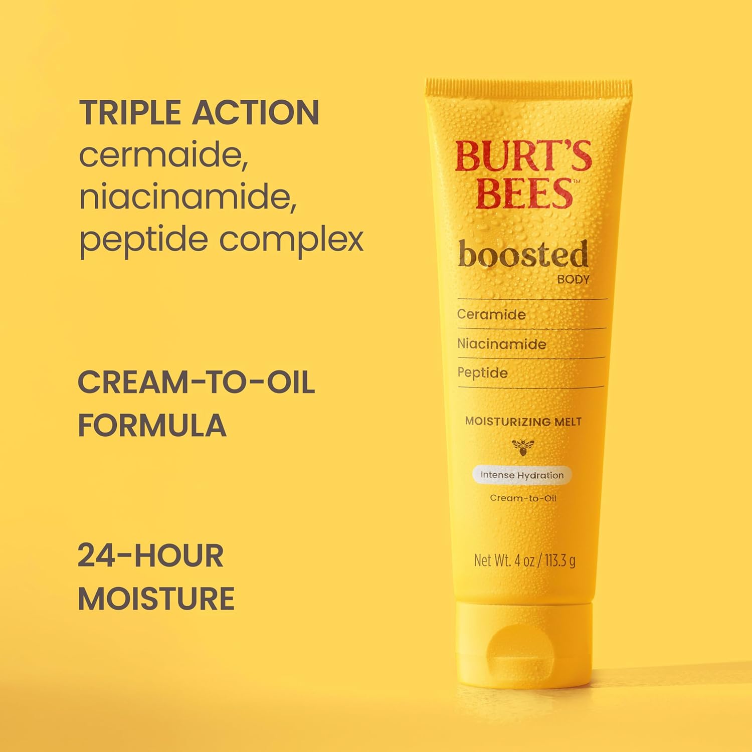 Burt's Bees Boosted Body Moisturizing Melt With a Ceramide, Niacinamide and Peptide Complex, Intense Skin Hydration, Cream-to-Oil Body Lotion Helps Support Skin Barrier, Tropical Scented, 4 oz. Tube