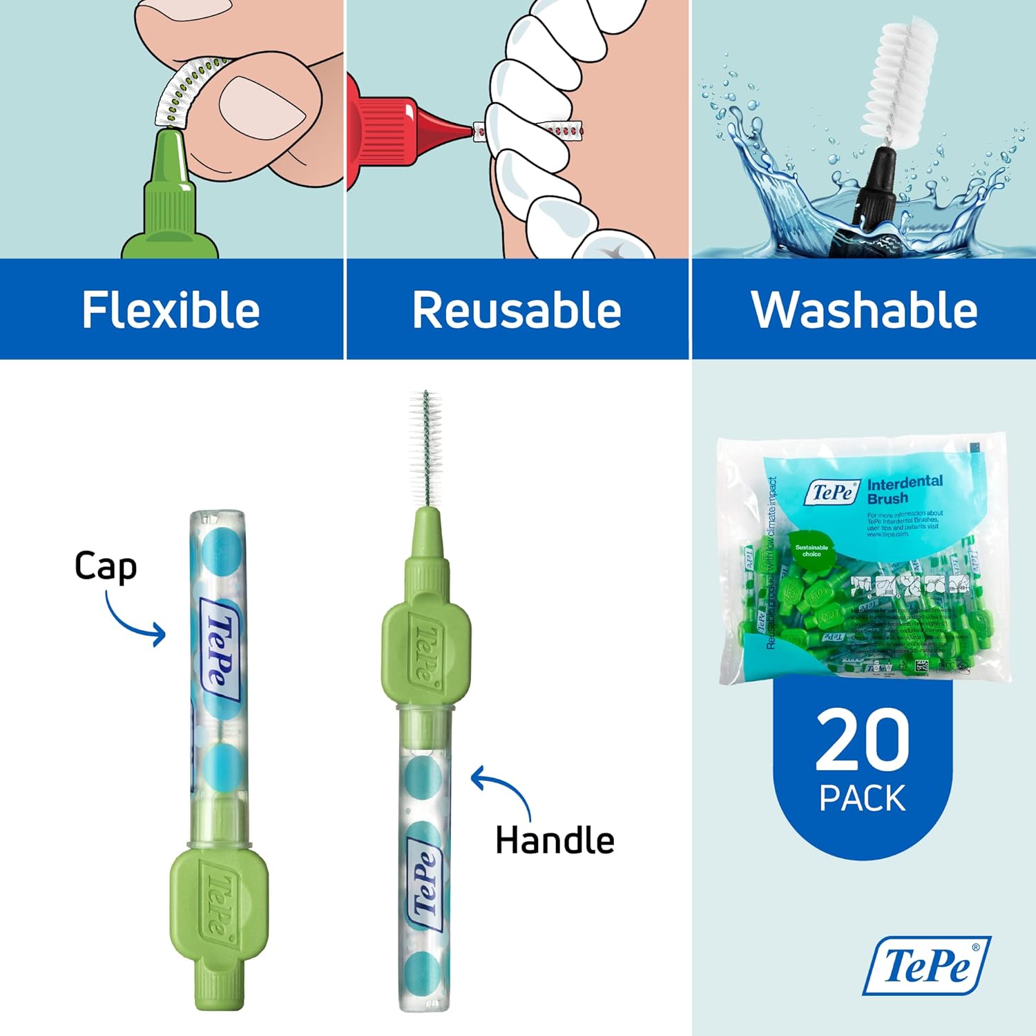 TePe Interdental Brush Original, Soft Dental Brush for Teeth Cleaning, Pack of 20, 0.8 mm, Large Gaps, Green, Size 5