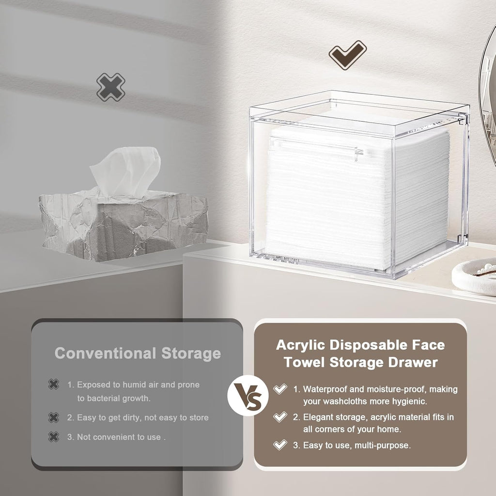 Disposable Facial Towels Storage Box - Acrylic Container Compatible With Clean Skin Club Clean Towel XL - Wall-Mounted Makeup Organizer With Drawer (Excluding Facial Towels)