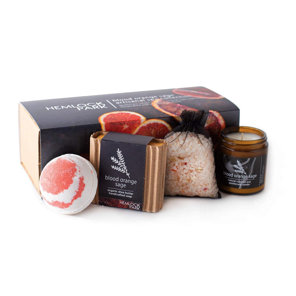 Hemlock Park Blood Orange Sage Artisanal Spa Gift Box | Apothecary Candle, Shea Butter Soap, Bath Bomb, Mineral Salt Bath Soak | Handcrafted with Plant Based Ingredients
