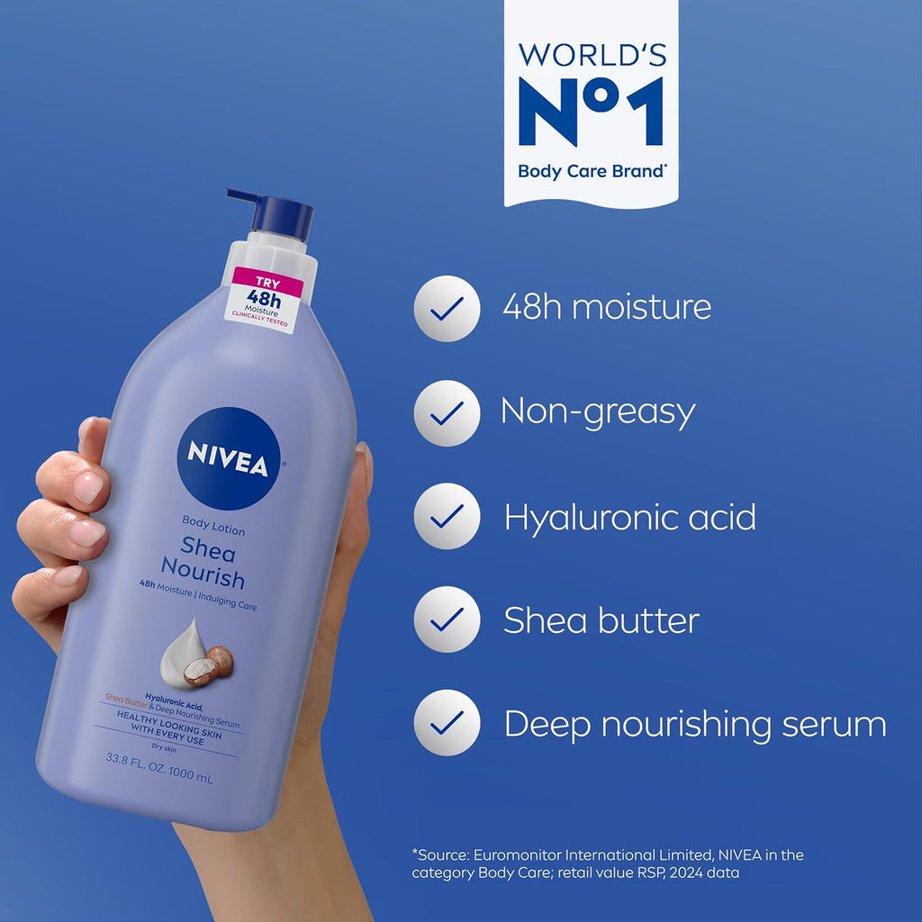 NIVEA Shea Nourish Body Lotion for Dry Skin with Hyaluronic Acid, Shea Butter and Deep Nourishing Serum, 48-Hour Body Moisturizer, 33.8 Fl Oz Pump Bottle
